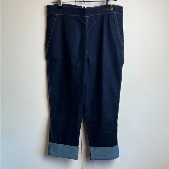 Hell Bunny Charlie Dark Blue Cuffed Capri Jeans Pants Rockabilly Pedal Pushers L - Picture 3 of 8